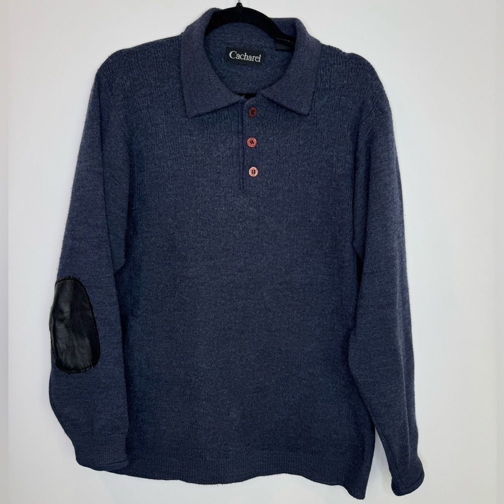 Vintage Cacharel wool Navy Blue Sweater with Elbow Patches size large